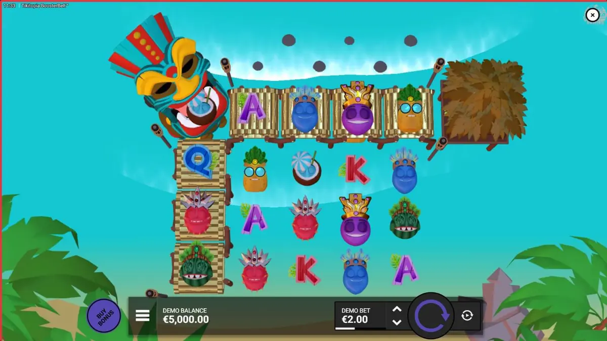 Tampilan visual slot Tikitopia BoosterBelt dengan totem Tiki dan simbol buah-buahan