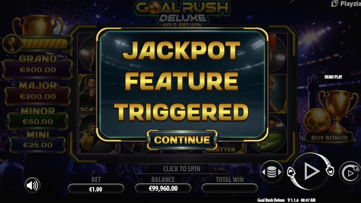 Tampilan visual slot Goal Rush Deluxe Hold and Win dengan tema stadion sepak bola
